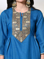 Myshka Women's Embroidered Keyhole Neck Bell Sleeves Kurta & Palazzos With Dupatta Sets in Blue Color | Grocsy