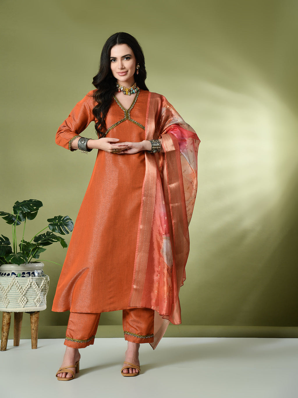 Myshka Women's Solid V-Neck Regular Sleeves Kurta & Palazzos With Dupatta Sets in Orange Color | Grocsy