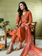 Myshka Women's Solid V-Neck Regular Sleeves Kurta & Palazzos With Dupatta Sets in Orange Color | Grocsy