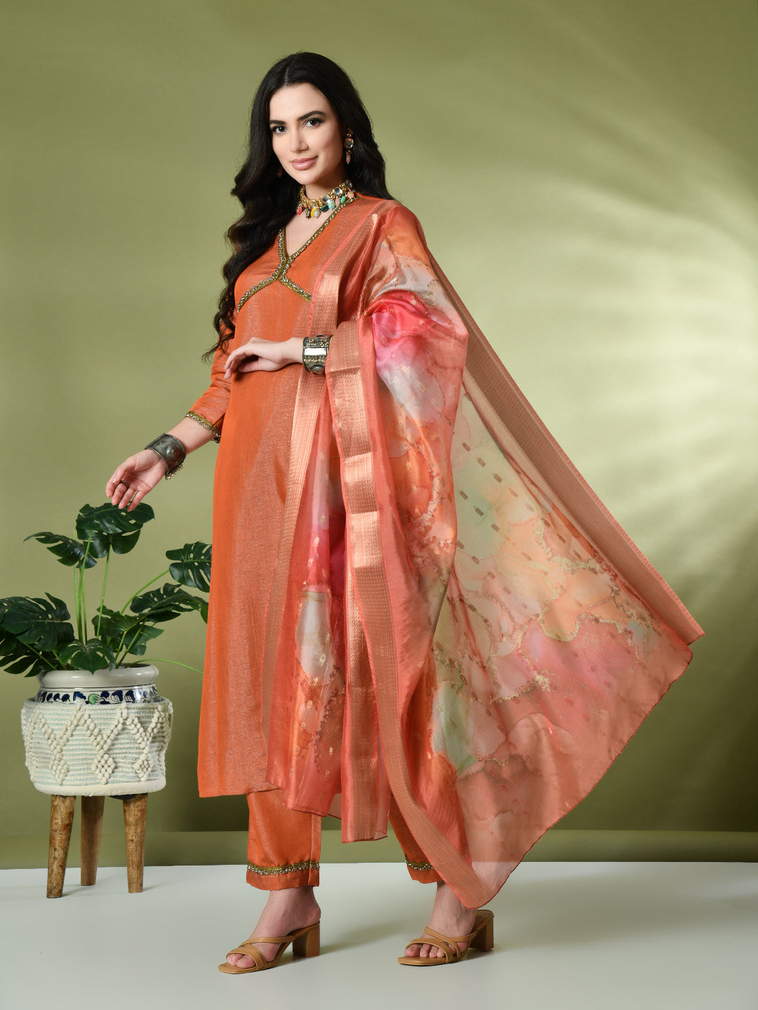 Myshka Women's Solid V-Neck Regular Sleeves Kurta & Palazzos With Dupatta Sets in Orange Color | Grocsy