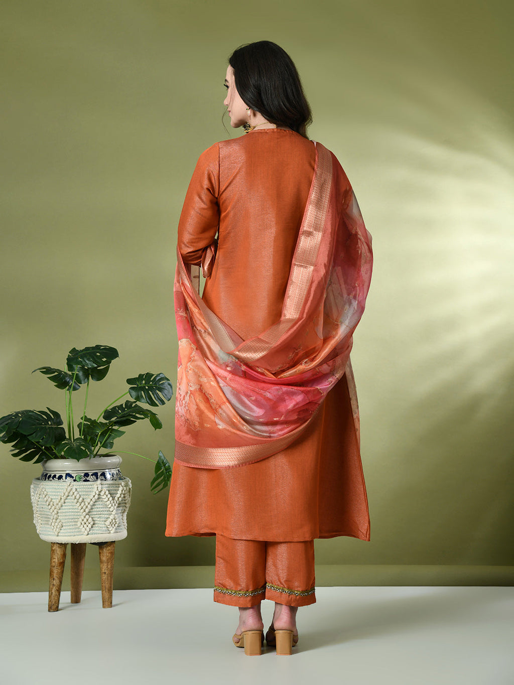 Myshka Women's Solid V-Neck Regular Sleeves Kurta & Palazzos With Dupatta Sets in Orange Color | Grocsy