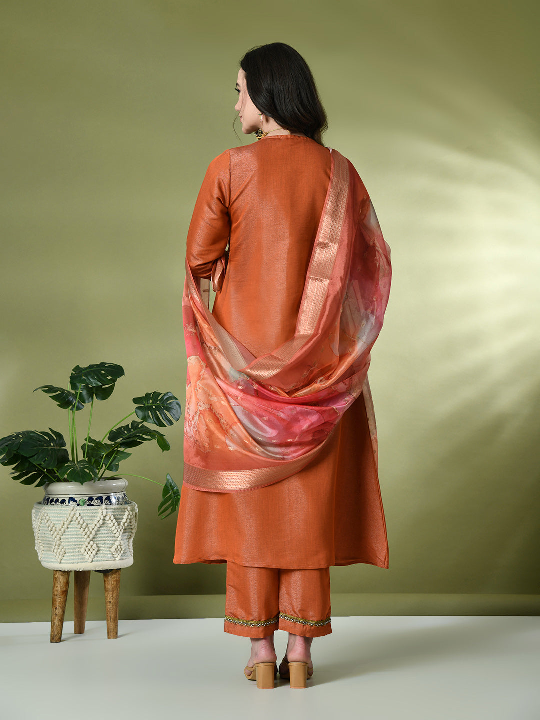 Myshka Women's Solid V-Neck Regular Sleeves Kurta & Palazzos With Dupatta Sets in Orange Color | Grocsy