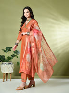 Myshka Women's Solid V-Neck Regular Sleeves Kurta & Palazzos With Dupatta Sets in Orange Color | Grocsy