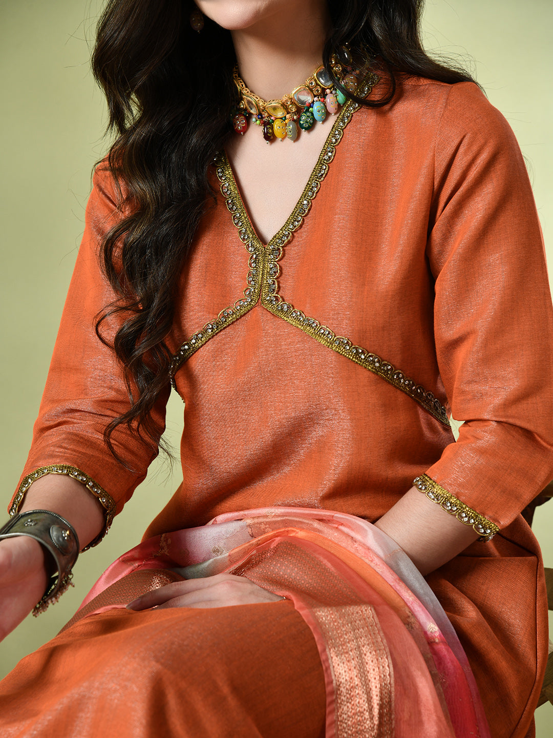 Myshka Women's Solid V-Neck Regular Sleeves Kurta & Palazzos With Dupatta Sets in Orange Color | Grocsy