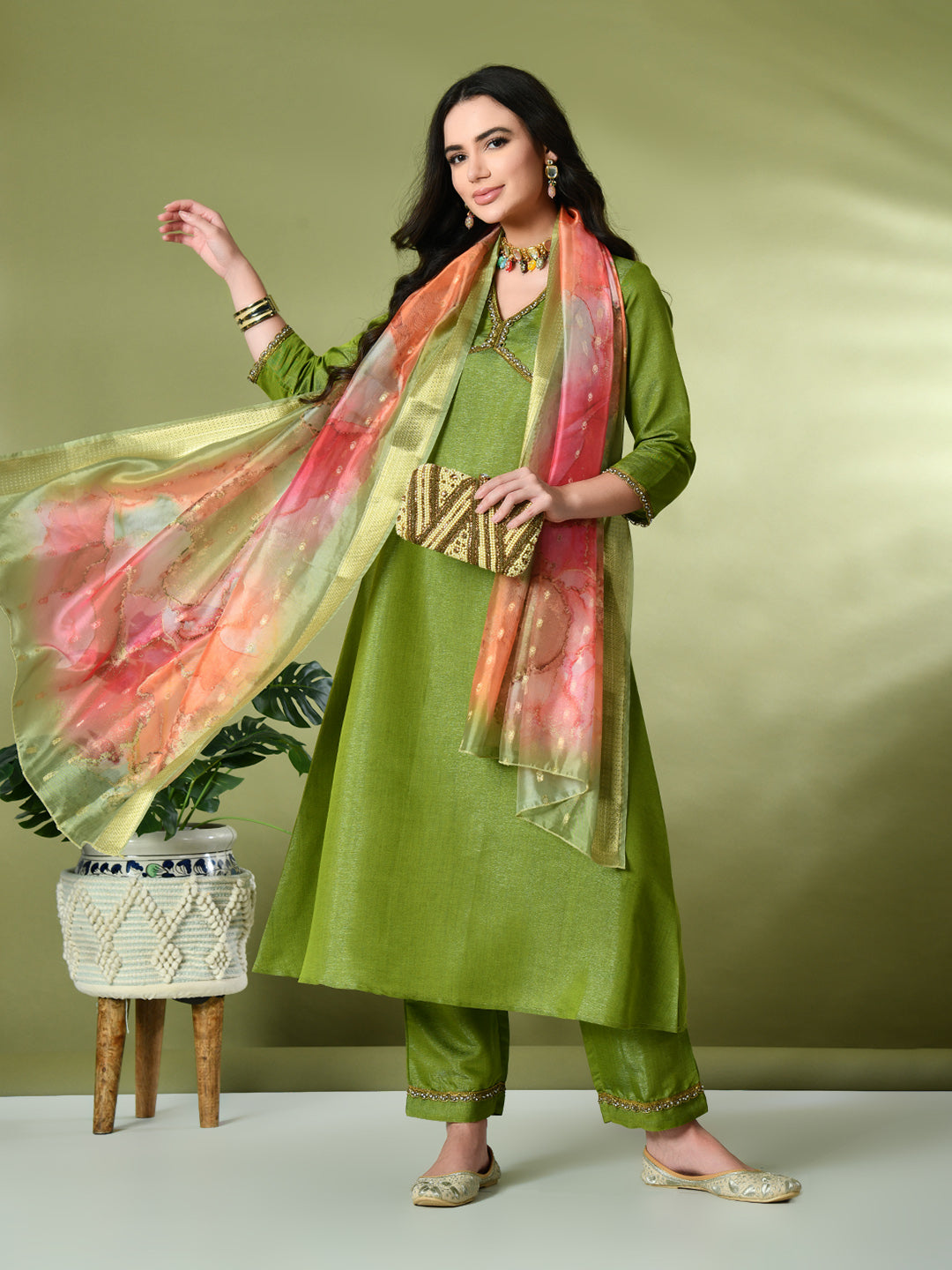 Myshka Women's Solid V-Neck Regular Sleeves Kurta & Palazzos With Dupatta Sets in Green Color | Grocsy