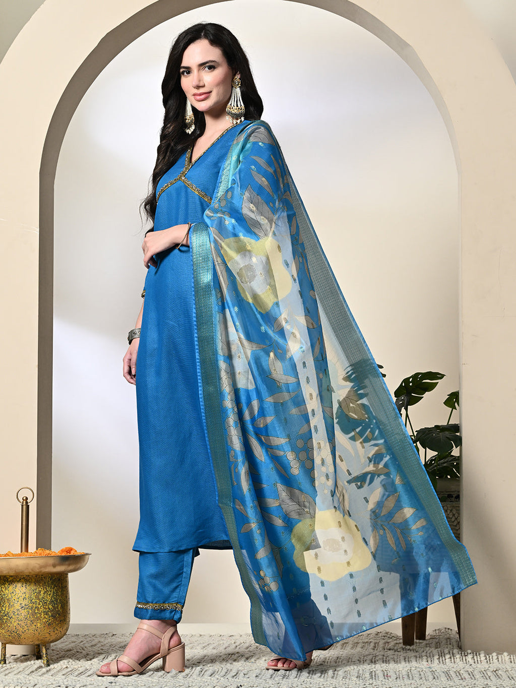 Myshka Women's Solid V-Neck Regular Sleeves Kurta & Palazzos With Dupatta Sets in Blue Color | Grocsy