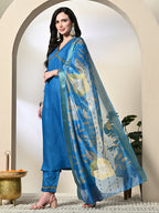 Myshka Women's Solid V-Neck Regular Sleeves Kurta & Palazzos With Dupatta Sets in Blue Color | Grocsy