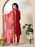 Myshka Women's Solid V-Neck Bell Sleeves Kurta & Dhoti Pants With Printed Dupatta Sets in Red Color | Grocsy
