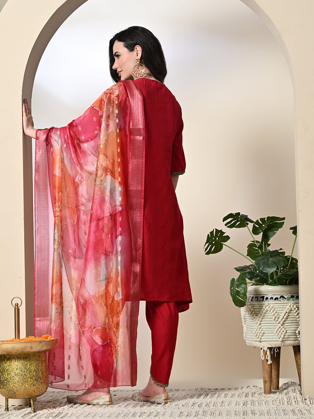 Myshka Women's Solid V-Neck Bell Sleeves Kurta & Dhoti Pants With Printed Dupatta Sets in Red Color | Grocsy