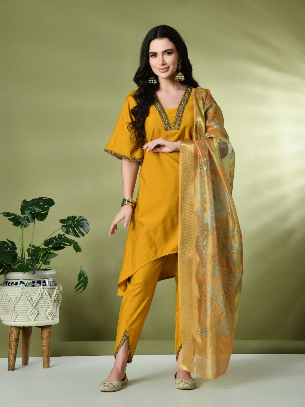 Myshka Women's Solid V-Neck Bell Sleeves Kurta & Dhoti Pants With Printed Dupatta Sets in Mustard Color | Grocsy