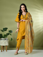 Myshka Women's Solid V-Neck Bell Sleeves Kurta & Dhoti Pants With Printed Dupatta Sets in Mustard Color | Grocsy