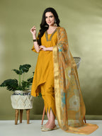 Myshka Women's Solid V-Neck Bell Sleeves Kurta & Dhoti Pants With Printed Dupatta Sets in Mustard Color | Grocsy