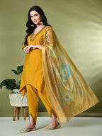 Myshka Women's Solid V-Neck Bell Sleeves Kurta & Dhoti Pants With Printed Dupatta Sets in Mustard Color | Grocsy