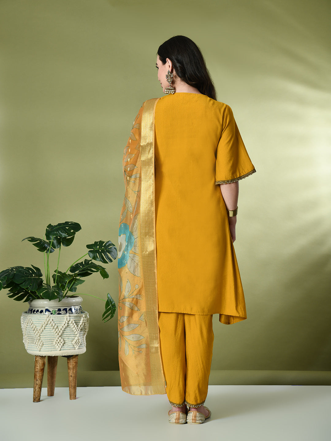 Myshka Women's Solid V-Neck Bell Sleeves Kurta & Dhoti Pants With Printed Dupatta Sets in Mustard Color | Grocsy