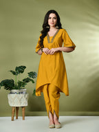 Myshka Women's Solid V-Neck Bell Sleeves Kurta & Dhoti Pants With Printed Dupatta Sets in Mustard Color | Grocsy