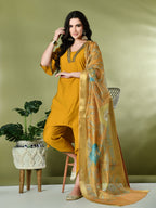 Myshka Women's Solid V-Neck Bell Sleeves Kurta & Dhoti Pants With Printed Dupatta Sets in Mustard Color | Grocsy