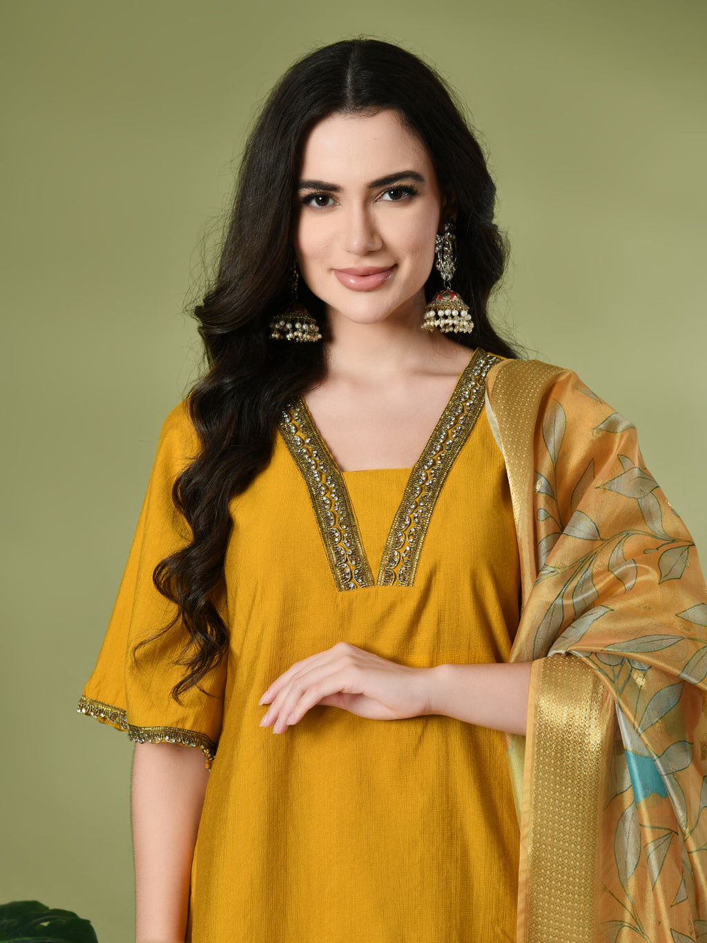 Myshka Women's Solid V-Neck Bell Sleeves Kurta & Dhoti Pants With Printed Dupatta Sets in Mustard Color | Grocsy