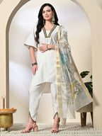 Myshka Women's Solid V-Neck Bell Sleeves Kurta & Dhoti Pants With Printed Dupatta Sets in White Color | Grocsy