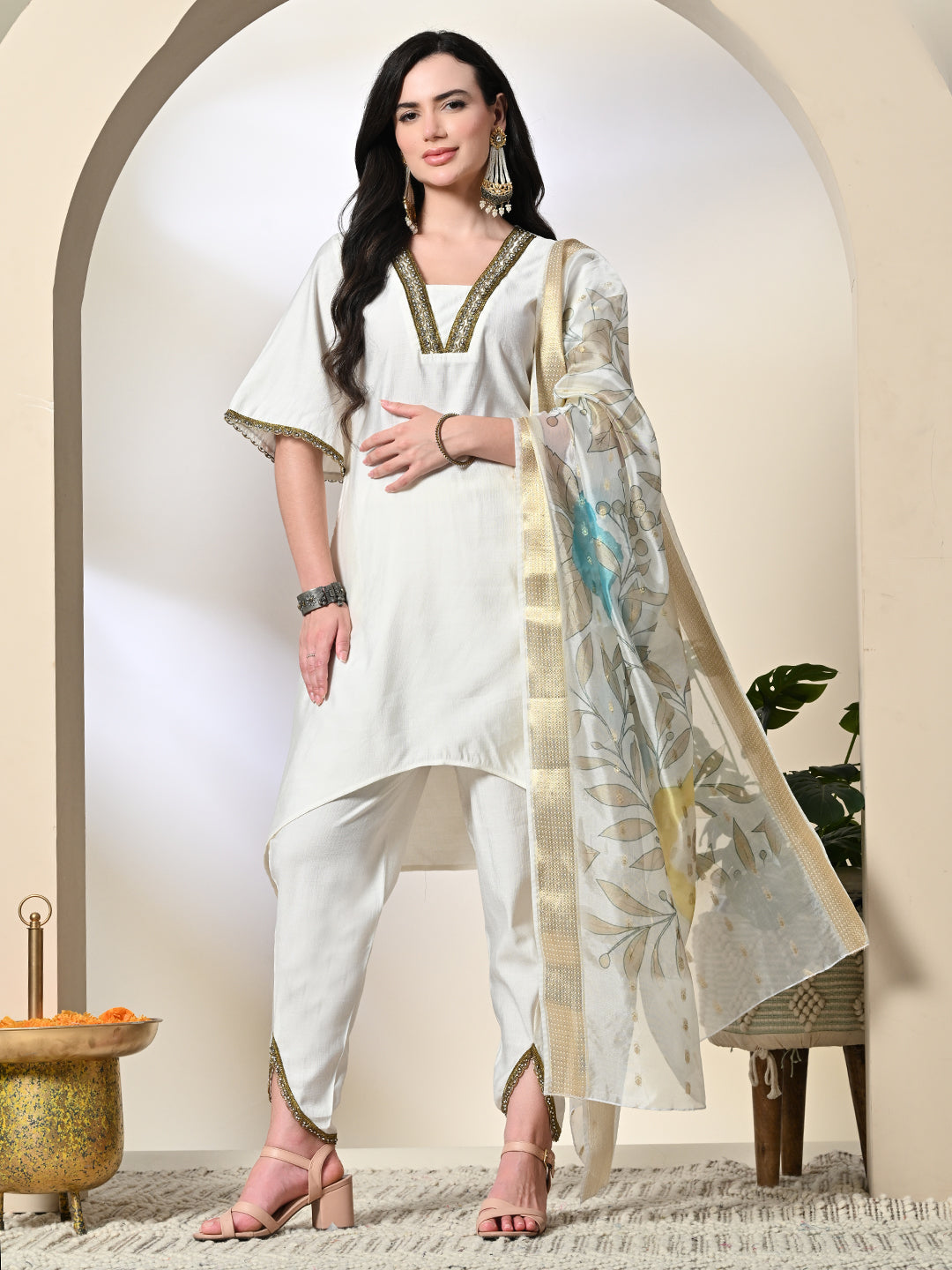 Myshka Women's Solid V-Neck Bell Sleeves Kurta & Dhoti Pants With Printed Dupatta Sets in White Color | Grocsy