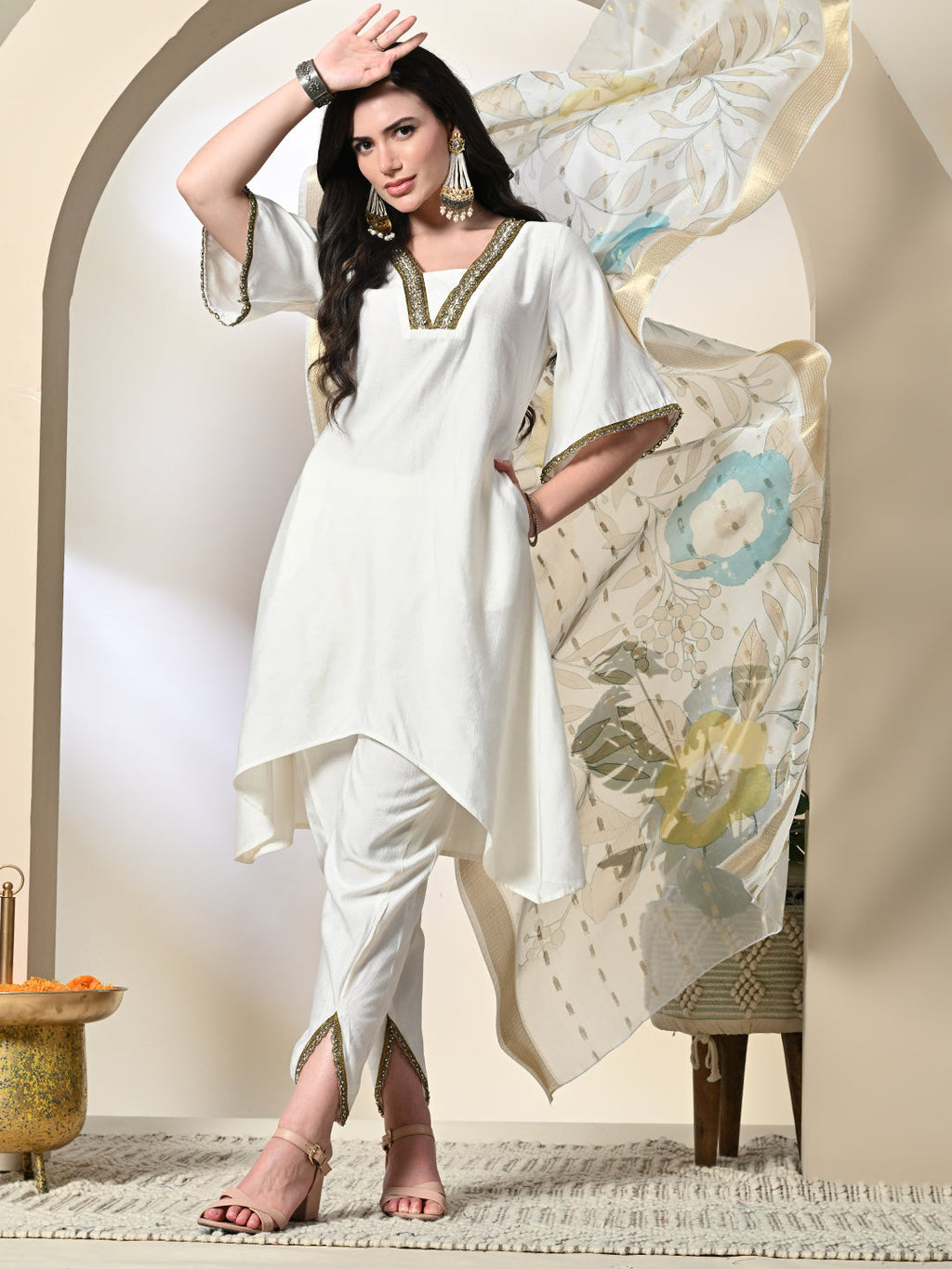 Myshka Women's Solid V-Neck Bell Sleeves Kurta & Dhoti Pants With Printed Dupatta Sets in White Color | Grocsy