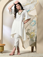 Myshka Women's Solid V-Neck Bell Sleeves Kurta & Dhoti Pants With Printed Dupatta Sets in White Color | Grocsy