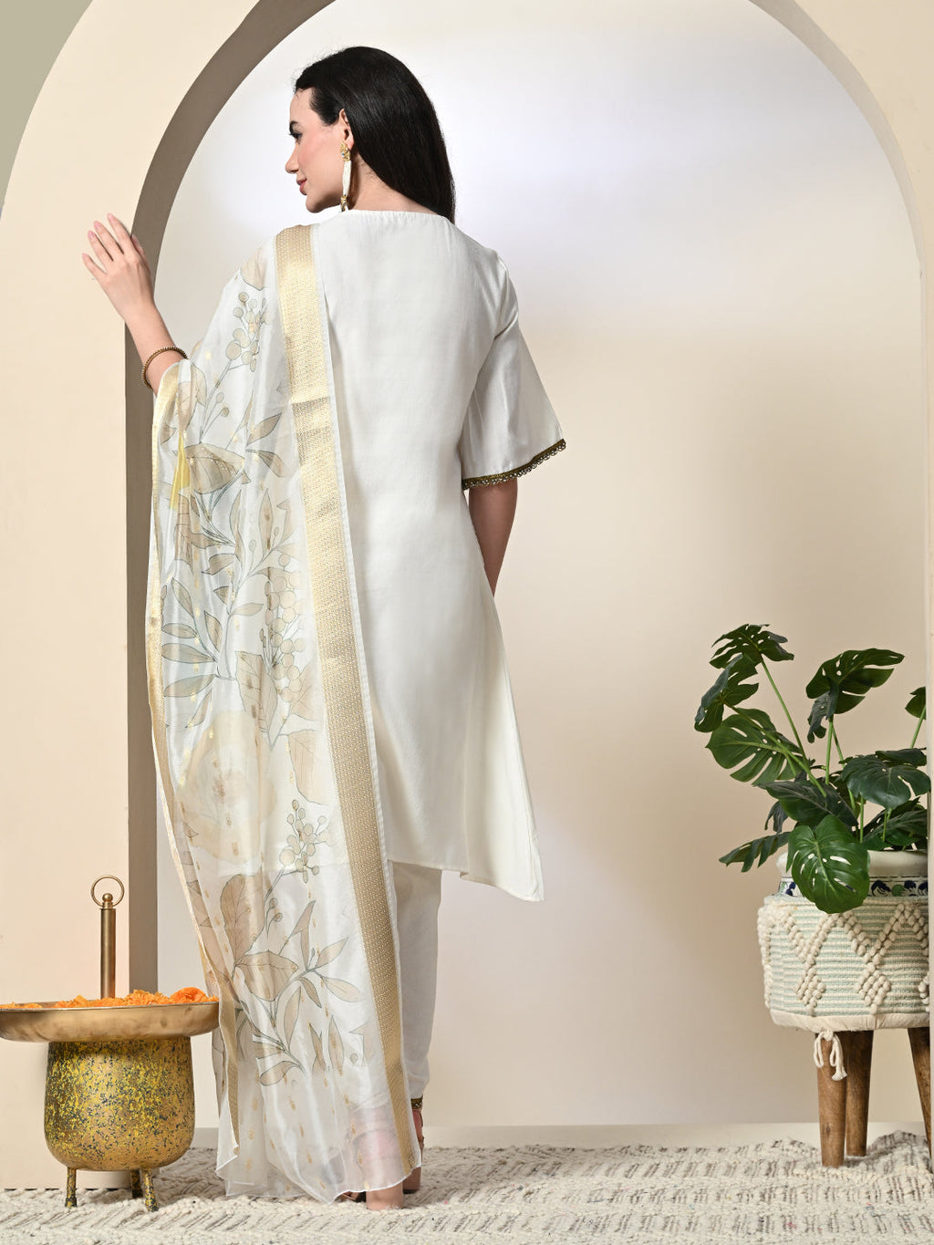 Myshka Women's Solid V-Neck Bell Sleeves Kurta & Dhoti Pants With Printed Dupatta Sets in White Color | Grocsy