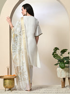 Myshka Women's Solid V-Neck Bell Sleeves Kurta & Dhoti Pants With Printed Dupatta Sets in White Color | Grocsy