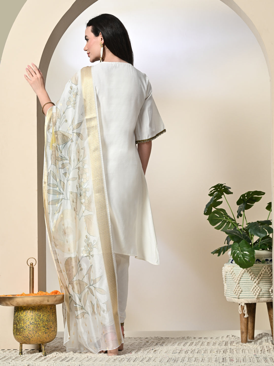 Myshka Women's Solid V-Neck Bell Sleeves Kurta & Dhoti Pants With Printed Dupatta Sets in White Color | Grocsy