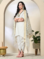 Myshka Women's Solid V-Neck Bell Sleeves Kurta & Dhoti Pants With Printed Dupatta Sets in White Color | Grocsy