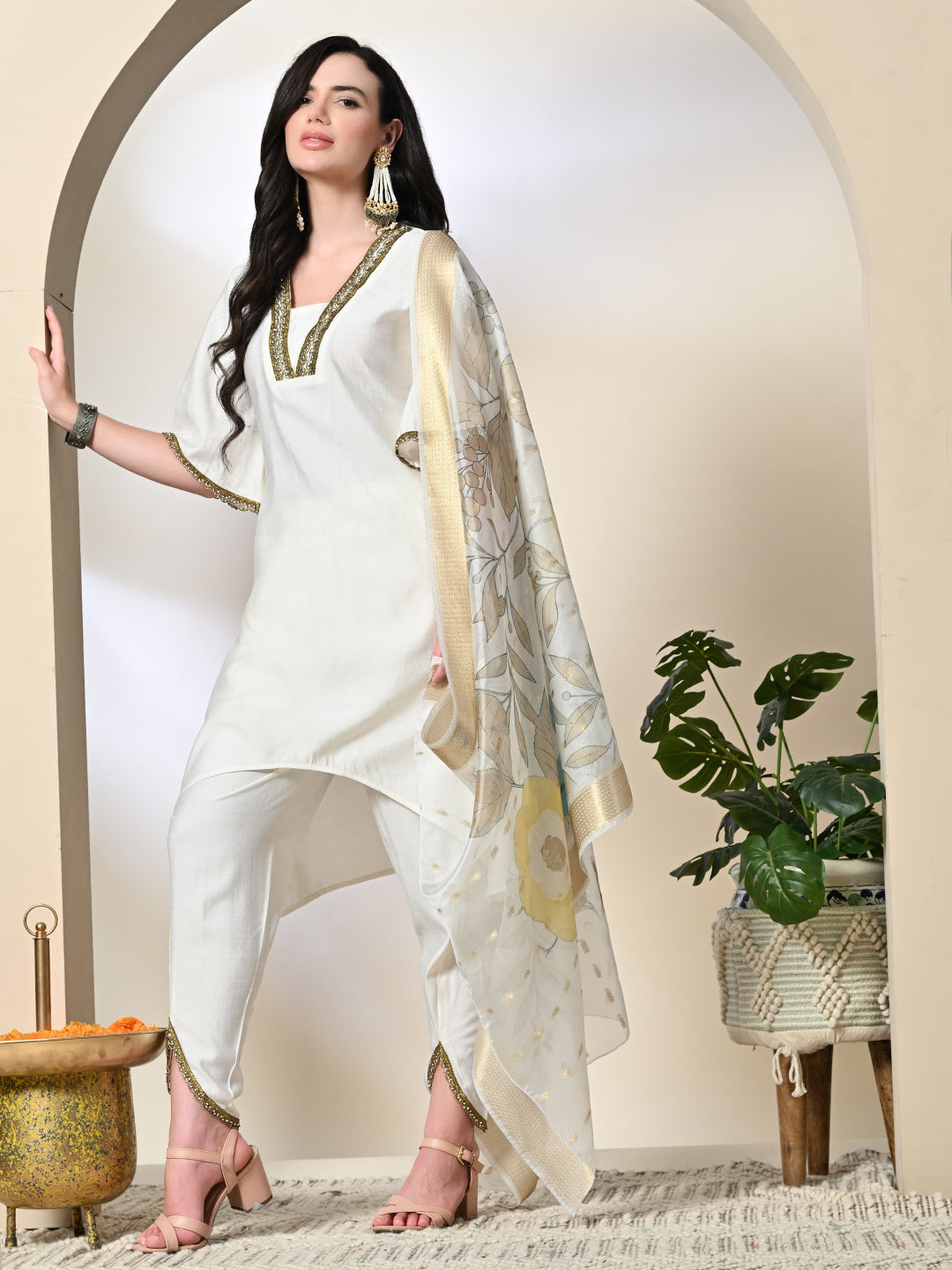 Myshka Women's Solid V-Neck Bell Sleeves Kurta & Dhoti Pants With Printed Dupatta Sets in White Color | Grocsy