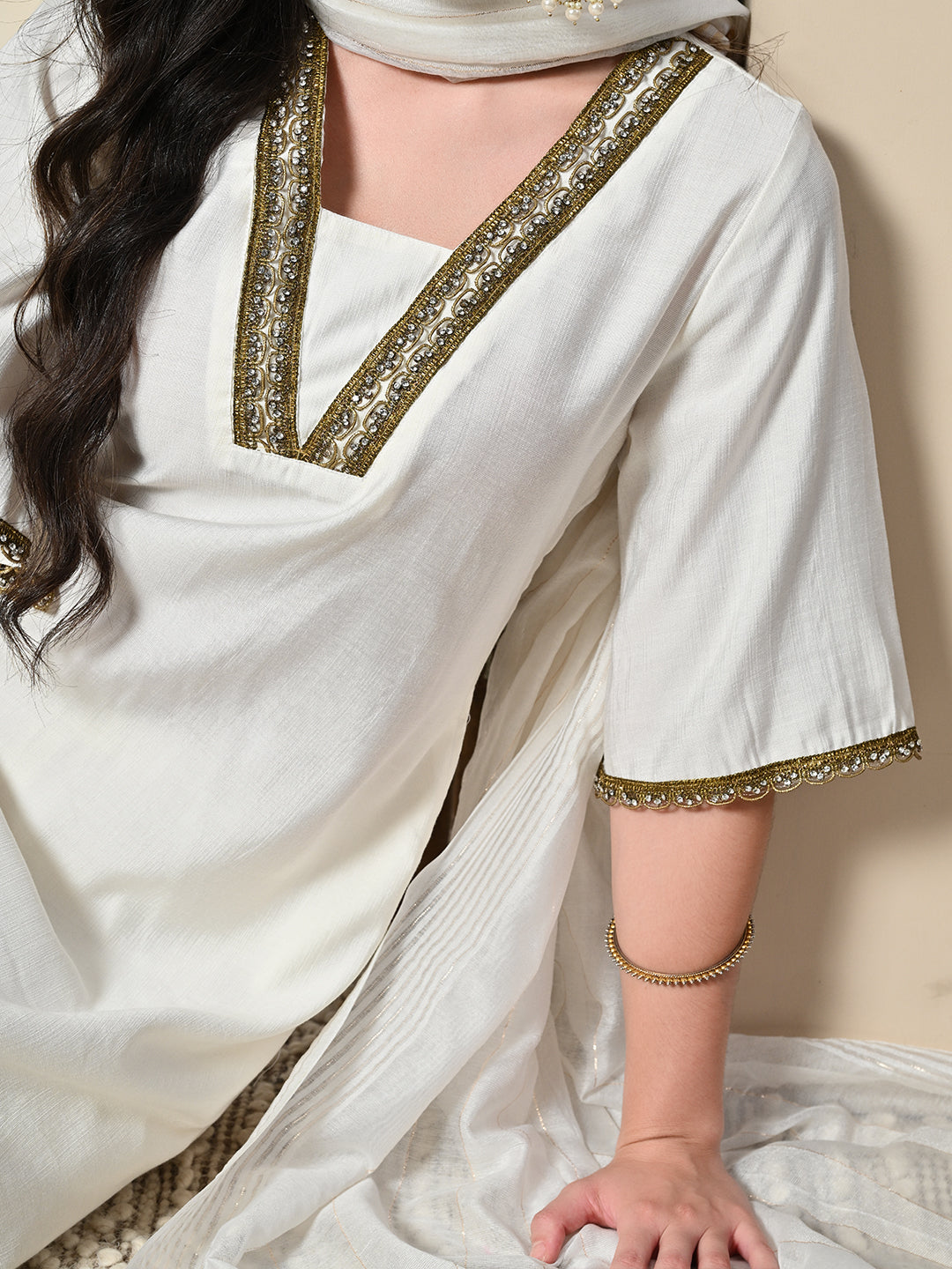Myshka Women's Solid V-Neck Bell Sleeves Kurta & Dhoti Pants With Printed Dupatta Sets in White Color | Grocsy