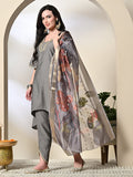 Myshka Women's Solid V-Neck Bell Sleeves Kurta & Dhoti Pants With Printed Dupatta Sets in Grey Color | Grocsy