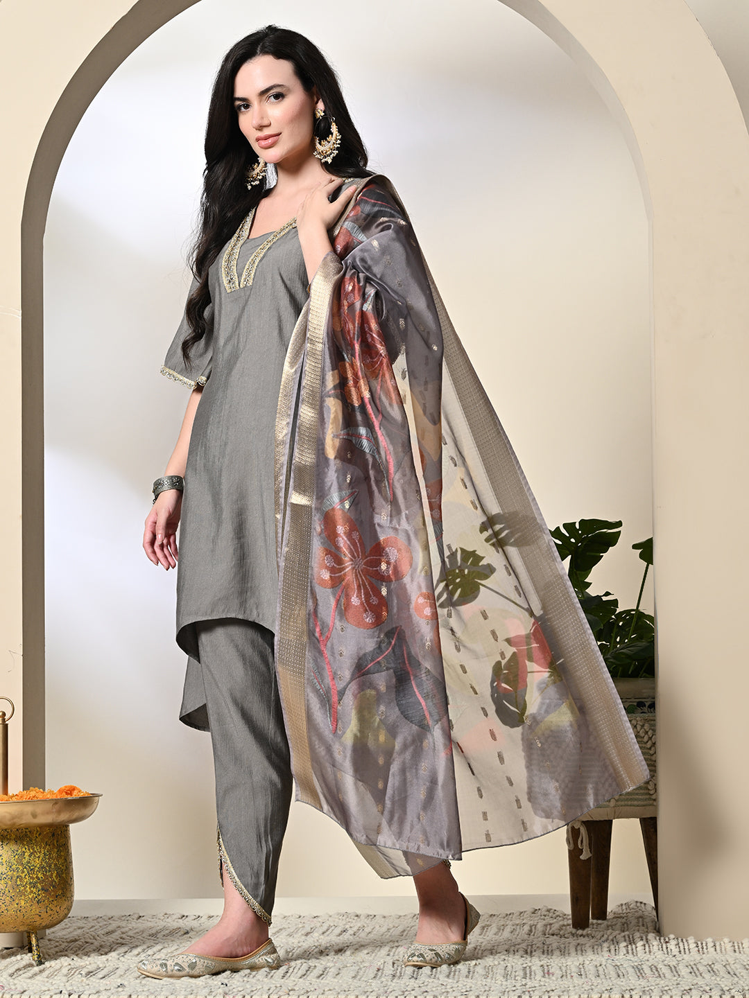 Myshka Women's Solid V-Neck Bell Sleeves Kurta & Dhoti Pants With Printed Dupatta Sets in Grey Color | Grocsy