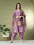 Myshka Women's Embroidered V-Neck Bell Sleeves Kurta & Salwar With Printed Dupatta Sets in Lavender Color | Grocsy