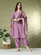 Myshka Women's Embroidered V-Neck Bell Sleeves Kurta & Salwar With Printed Dupatta Sets in Lavender Color | Grocsy
