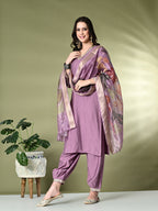 Myshka Women's Embroidered V-Neck Bell Sleeves Kurta & Salwar With Printed Dupatta Sets in Lavender Color | Grocsy