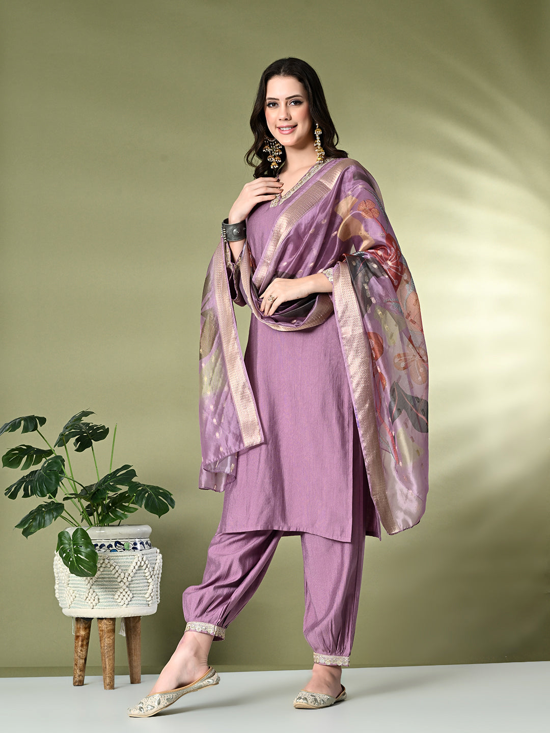 Myshka Women's Embroidered V-Neck Bell Sleeves Kurta & Salwar With Printed Dupatta Sets in Lavender Color | Grocsy