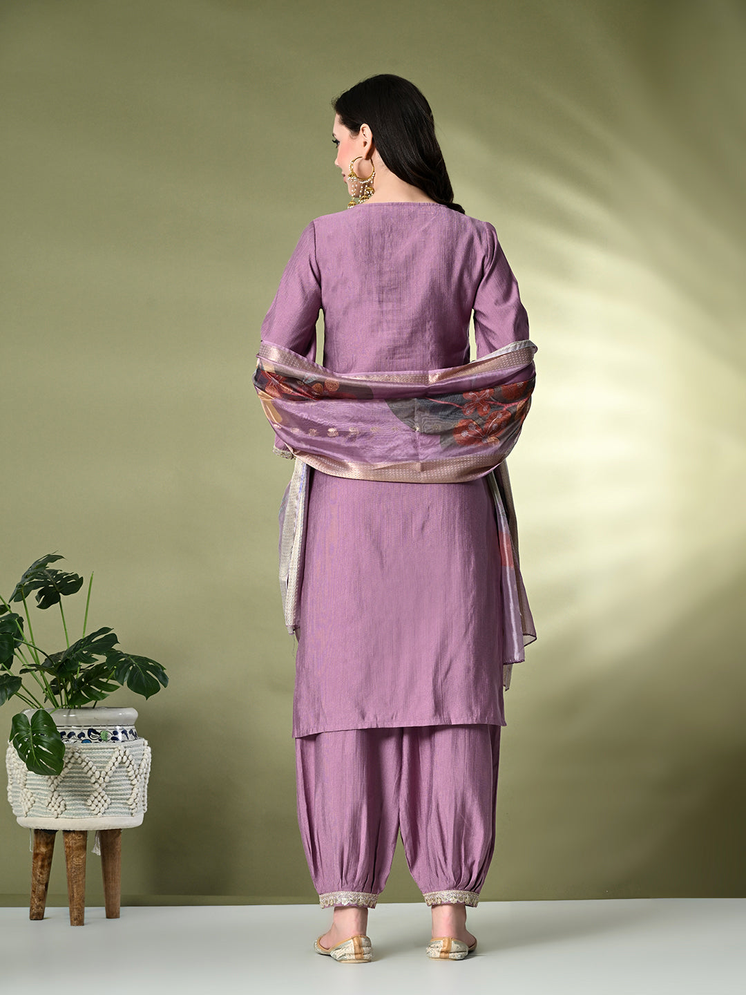 Myshka Women's Embroidered V-Neck Bell Sleeves Kurta & Salwar With Printed Dupatta Sets in Lavender Color | Grocsy