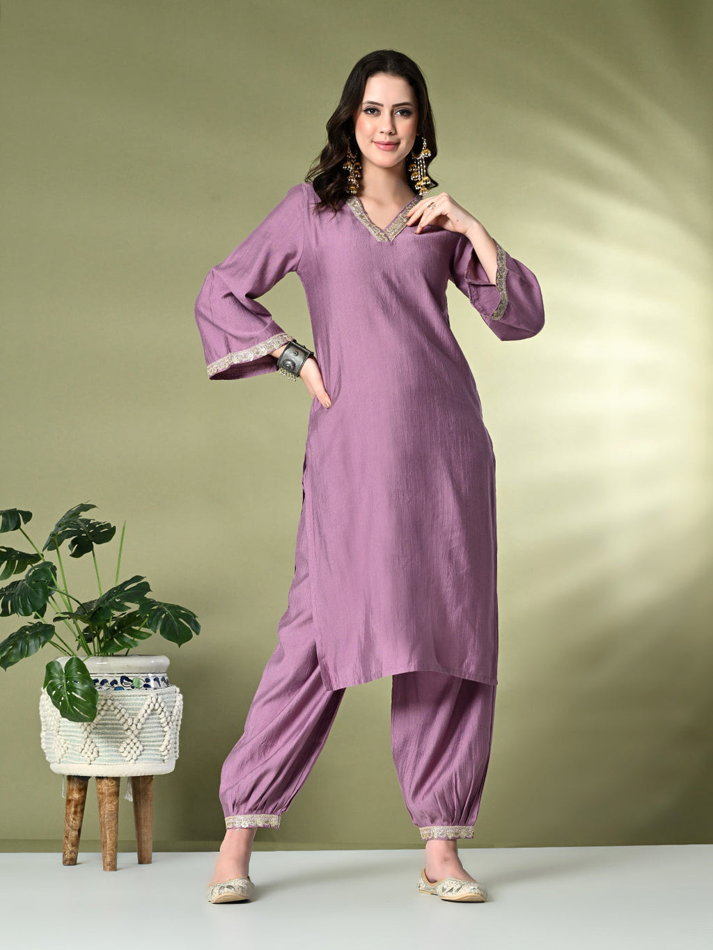Myshka Women's Embroidered V-Neck Bell Sleeves Kurta & Salwar With Printed Dupatta Sets in Lavender Color | Grocsy