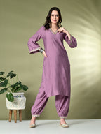 Myshka Women's Embroidered V-Neck Bell Sleeves Kurta & Salwar With Printed Dupatta Sets in Lavender Color | Grocsy