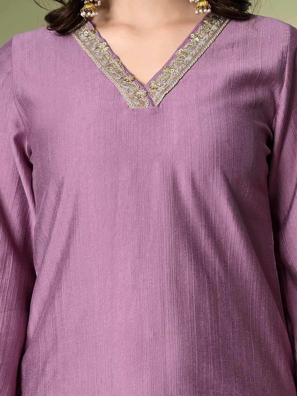 Myshka Women's Embroidered V-Neck Bell Sleeves Kurta & Salwar With Printed Dupatta Sets in Lavender Color | Grocsy