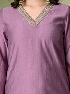Myshka Women's Embroidered V-Neck Bell Sleeves Kurta & Salwar With Printed Dupatta Sets in Lavender Color | Grocsy