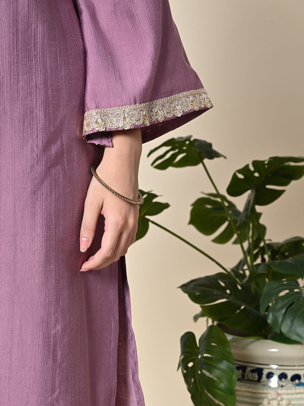 Myshka Women's Embroidered V-Neck Bell Sleeves Kurta & Salwar With Printed Dupatta Sets in Lavender Color | Grocsy