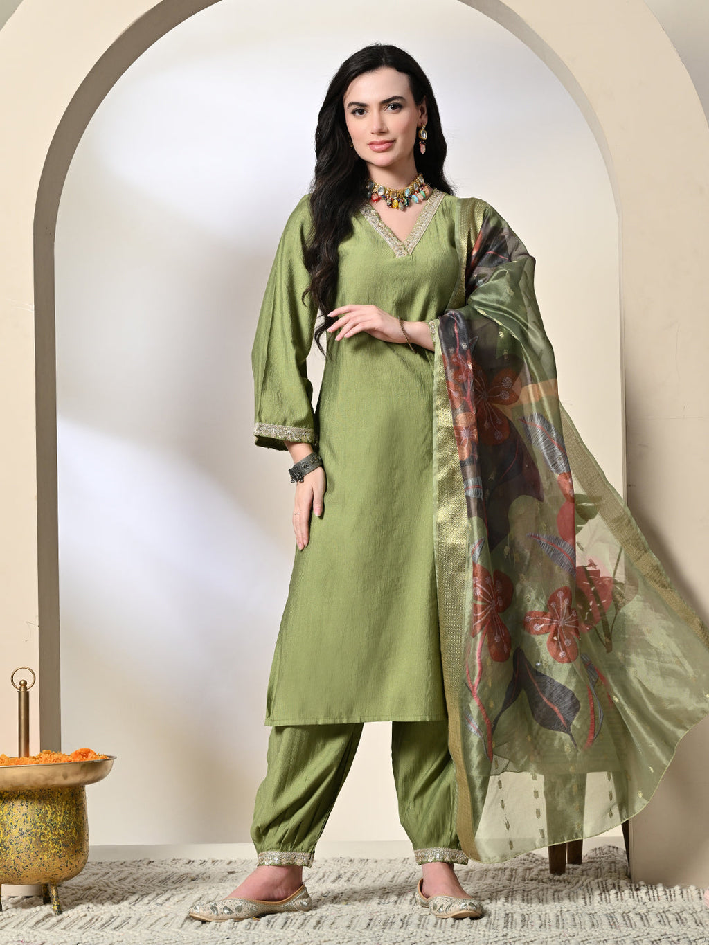Myshka Women's Embroidered V-Neck Bell Sleeves Kurta & Salwar With Printed Dupatta Sets in Green Color | Grocsy