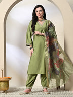 Myshka Women's Embroidered V-Neck Bell Sleeves Kurta & Salwar With Printed Dupatta Sets in Green Color | Grocsy