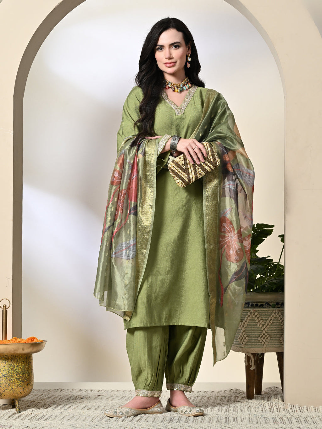 Myshka Women's Embroidered V-Neck Bell Sleeves Kurta & Salwar With Printed Dupatta Sets in Green Color | Grocsy