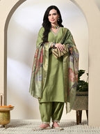 Myshka Women's Embroidered V-Neck Bell Sleeves Kurta & Salwar With Printed Dupatta Sets in Green Color | Grocsy