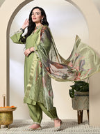 Myshka Women's Embroidered V-Neck Bell Sleeves Kurta & Salwar With Printed Dupatta Sets in Green Color | Grocsy