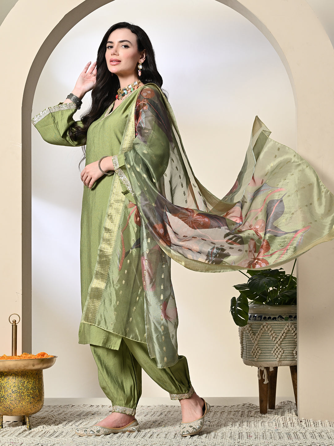 Myshka Women's Embroidered V-Neck Bell Sleeves Kurta & Salwar With Printed Dupatta Sets in Green Color | Grocsy