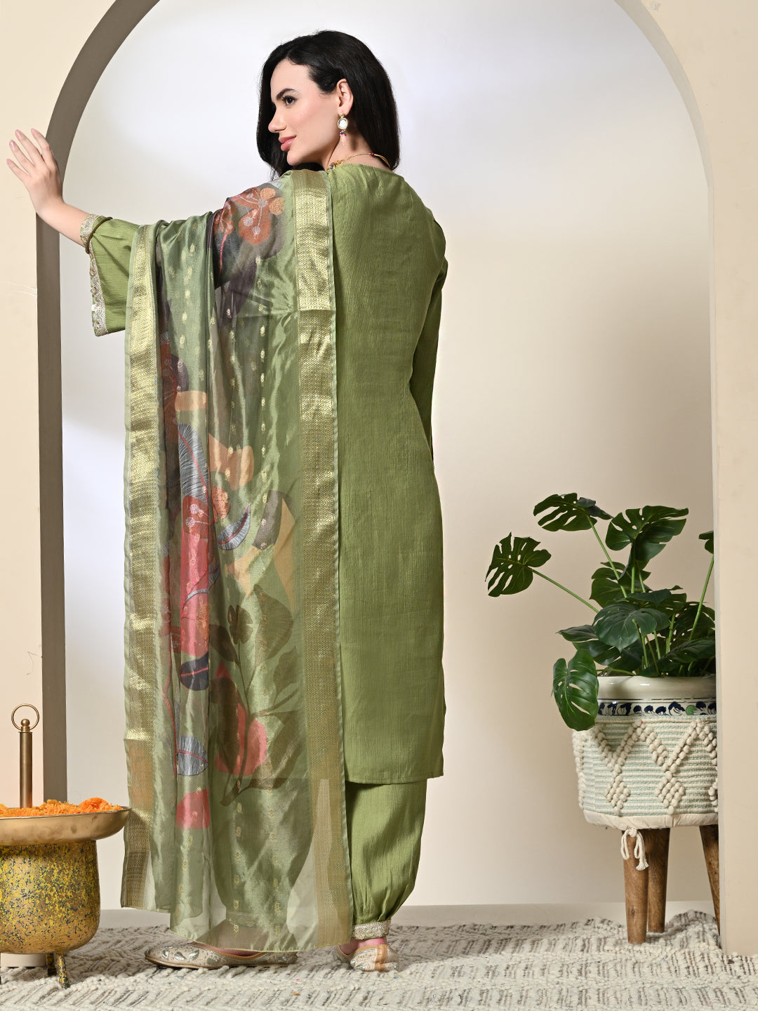 Myshka Women's Embroidered V-Neck Bell Sleeves Kurta & Salwar With Printed Dupatta Sets in Green Color | Grocsy